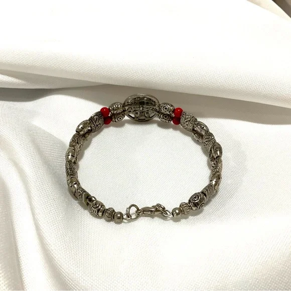 Tibertan Silver-Tone Red Beads & Cabochon Bracelet - Picture 4 of 5